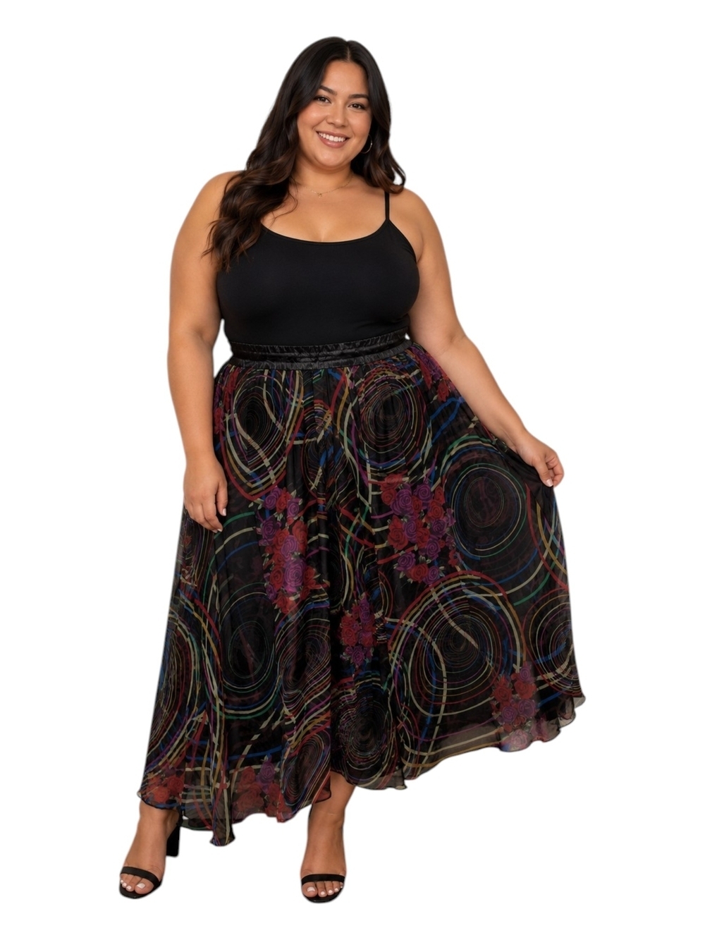 Elen Black Maxi Skirt with Multicolor Circular & Floral Motif